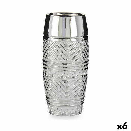 Vase Cylinder Stripes Silver Ceramic 13,5 x 30 x 13,5 cm (6 Units)